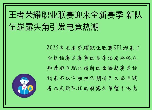 王者荣耀职业联赛迎来全新赛季 新队伍崭露头角引发电竞热潮